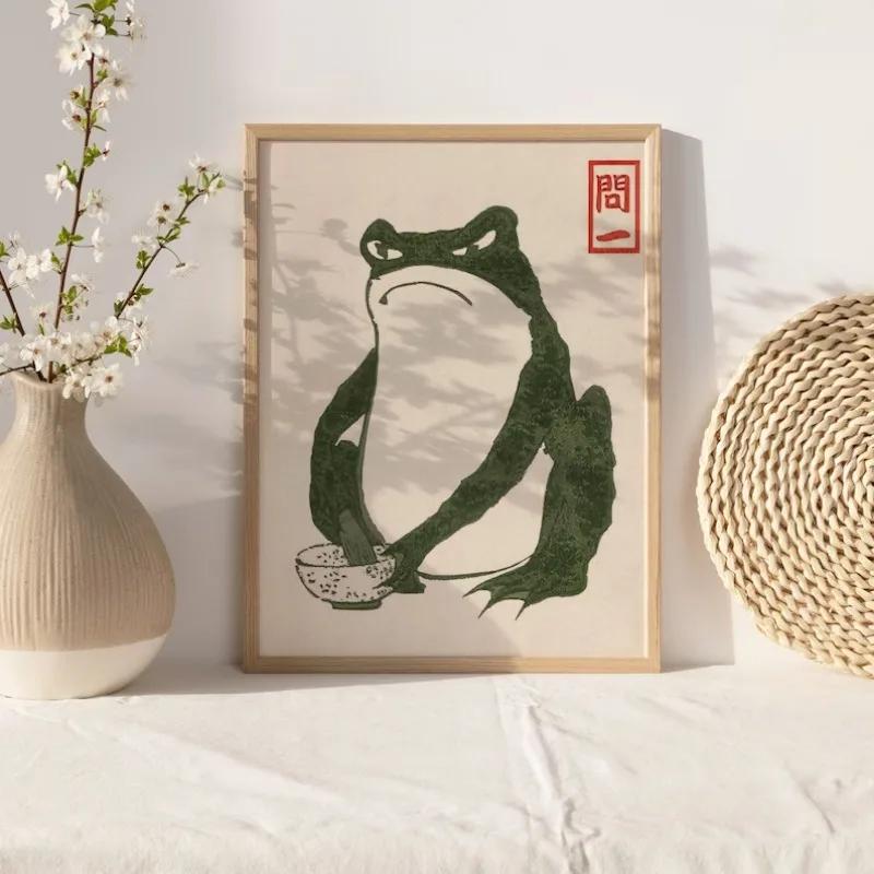 Japan Hajime Matsumoto Green Frog Wall Art Retro Trendy Ukiyo-e Frog Woodblock Print Poster Gallery Living Room Canvas Painting