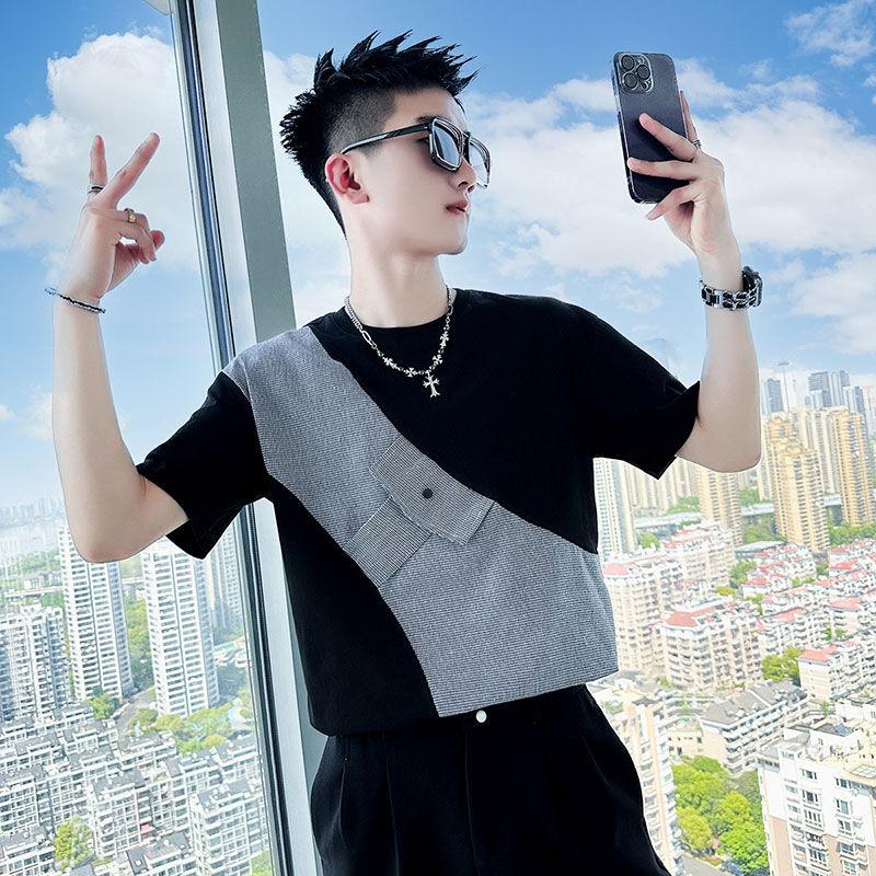 

Футболка с коротким рукавом Модель-мужчина Мужская двухцветная одежда Блокировка цвета Топ с полурукавом XXXL чёрный