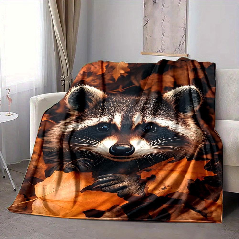 1PC Raccoon, Autumn Leaves Blanket - Soft Warm All-Season Throw for Sofa, Bed, Car, Office, Throw For Sofa yy250916083