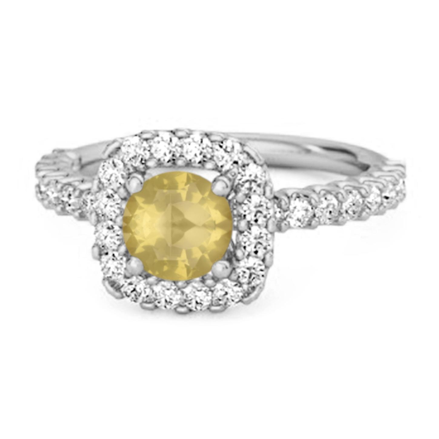 Lemon Quartz Round Cushion Halo Ring - 925 Sterling Silver 7