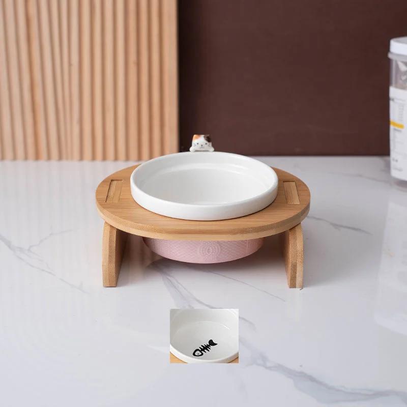 Cartoon Pets Double Bowl Dog Cat Food Water Feeder Stand Raised Ceramic Dish Bowl Wooden Table Pet Supplies Cat Bowls