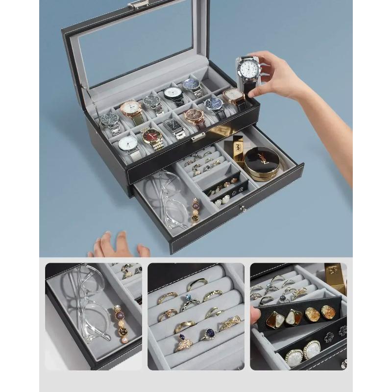 12 Slot PU Leather Lockable Watch Storage Boxes, Men & Women's Jewelry Display Drawer Case, 2-tier Organizer Watch Showcase