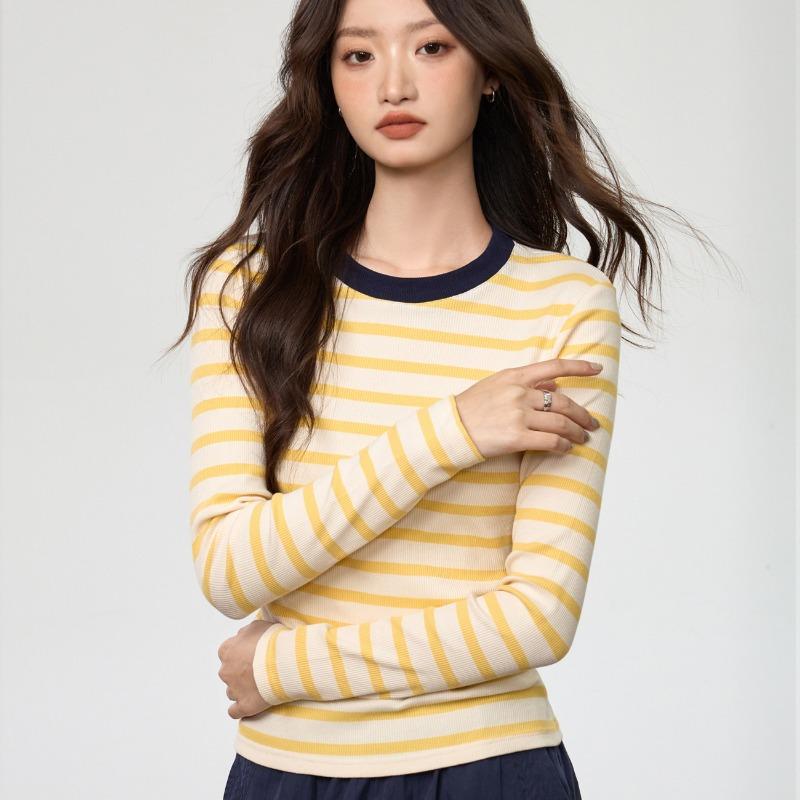 Contrast Color Striped Round Neck Long Sleeve T-Shirt Women's New Autumn Winter Slim Fit Bottoming Top