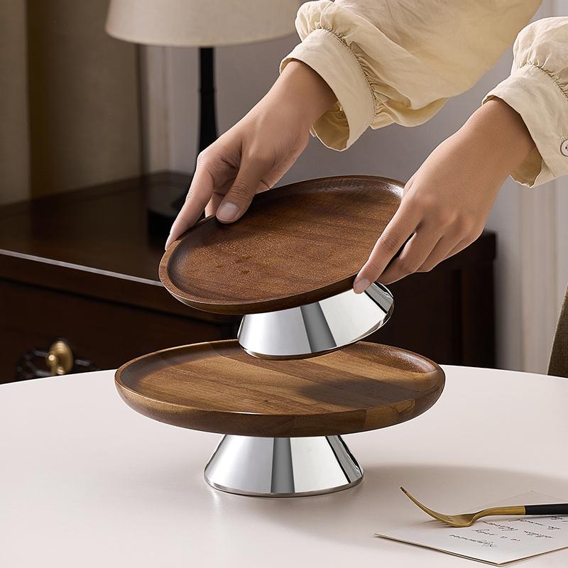 Acacia Wood Tray High-legged Cake Plate Golden Foot Glass Cover Dessert and Snack Display Plate Desktop Storage Container Party