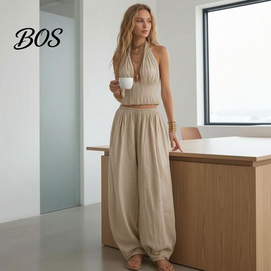Everyday Wear For Women Women's Halter Sleeveless Summer 2 Piece Sets, Pleated Ruffle Backless Skin-friendly Fabric Clothes V Neck Top And Wide