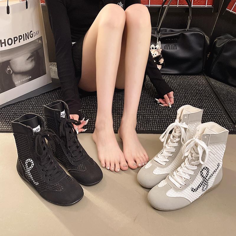 Mode Comfortabel Ademend Casual Leer Dames Sportschoenen Hoge Hop Laarzen Zomer Lage Hak Ronde Neus Rubber Buitenzool Sneakers