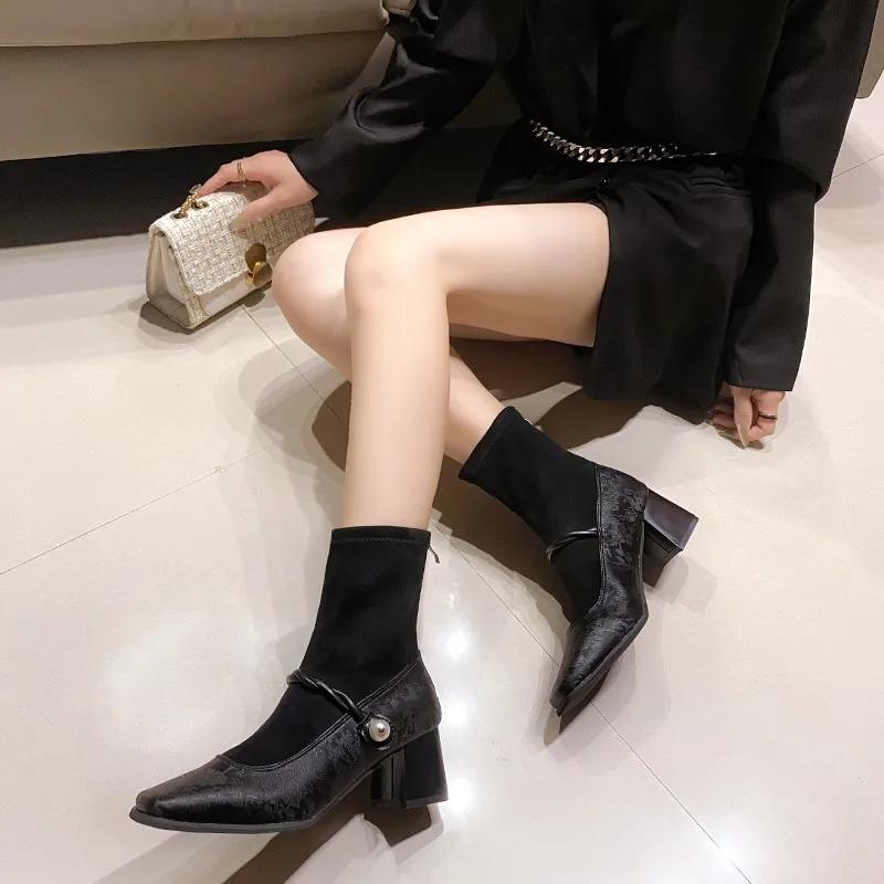 Fashion Women Ankle Boots  Side Montage Short Boots for Women Shoes Fashion PU Leather Boots High Heel 8cm Ladies Shoes