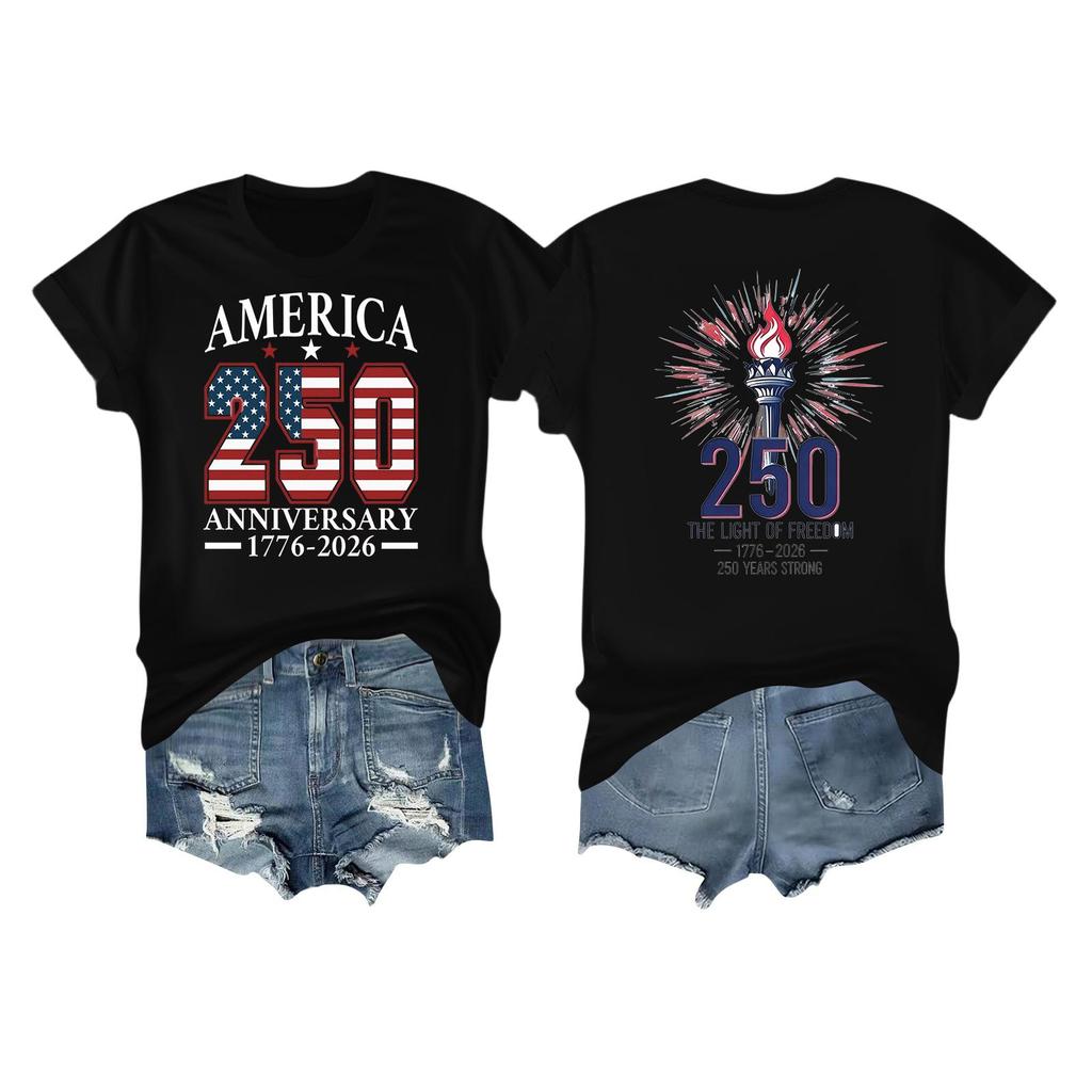Women's Casual Independence Day 250 Anniversary Printed T-shirt Round Neck Pullover Short Sleeve Top