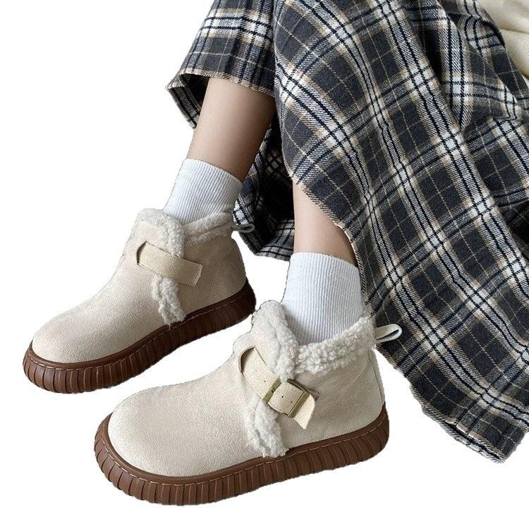 Versatile Warm Snow Boots Children's 2025 New Winter Piled Thickened Non-slip One-word Button Fluffy Cotton Shoes Women