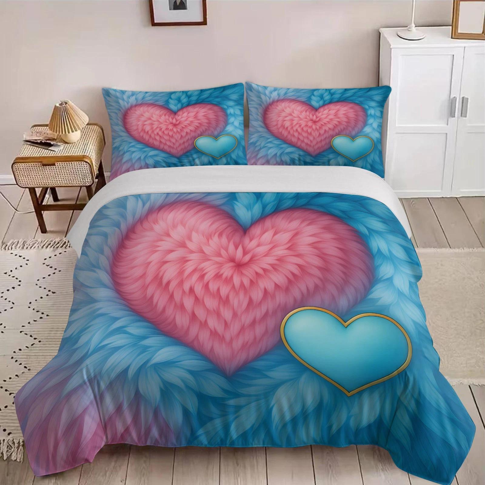 

Pink Blue Feather Heart Bedding Set, Soft Duvet Cover, Romantic Bed Cover & Home Decor, Sweet Gift for Single/Double/Queen/King Size Beds DE 100x135cm