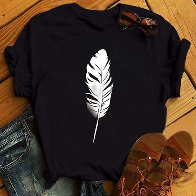 Short Sleeve Kawaii Tee Glden Feather Bird Graphic Print Funny Women T-shirt Black T-shirt Girls Top Female Clothes