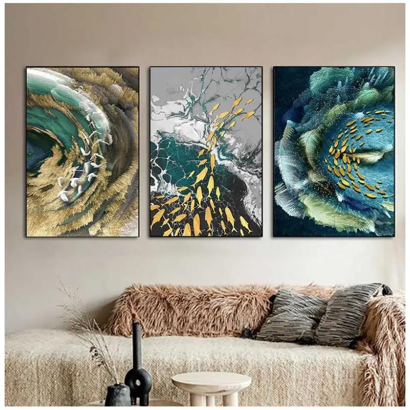 Picture for Living Room 3D Effect Tableaux Abstract Golden Feather Canvas Painting Big Blue Green Print Luxury Wall Art