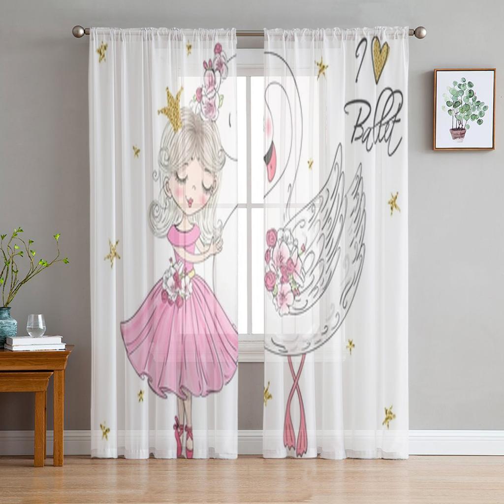 Ballet Dancer Girl Pink Flower Sheer Drapes Window Curtains for Living Room Bedroom Home Decor Cherry Blossoms Chiffon Curtain