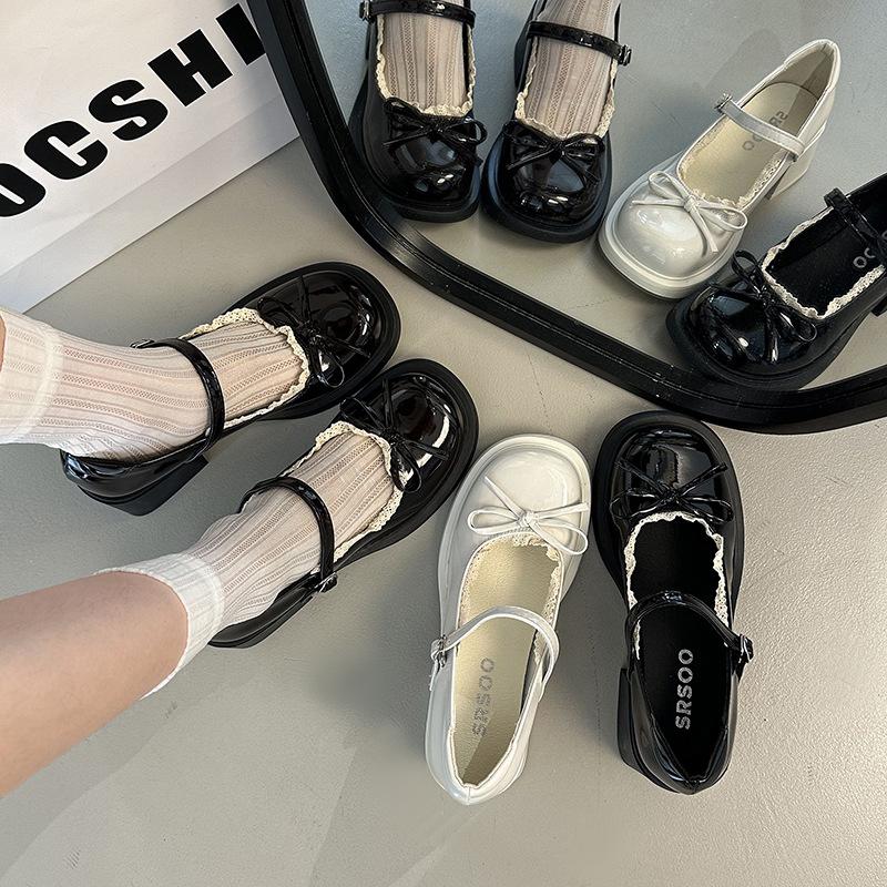 Bow temperament high heels ballet women's leather shoes new summer retro lace edge heightening Mary Jane single shoes