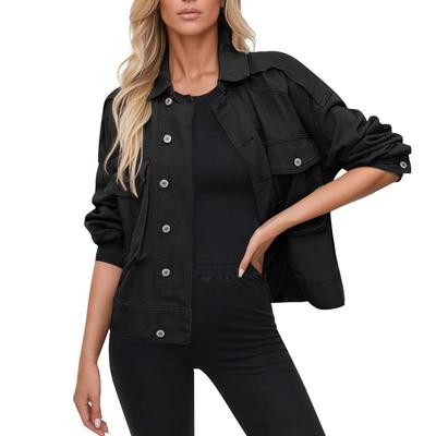 Damen Stretch-Jeansjacke Langarm-Jeansjacke Trucker-Jacke mit Tasche