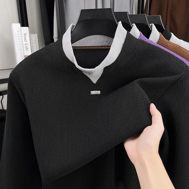 

Men s Korean Style Plush Knitwear: Two-Piece Look, Thick Warm Base Layer Sweater for Winter. 2XL чорний