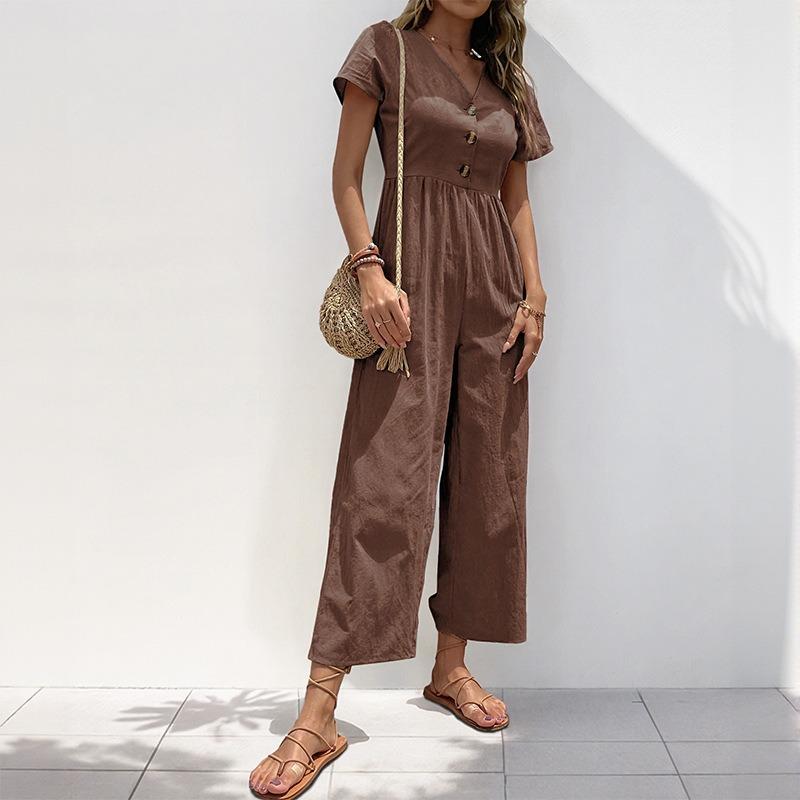 Women's Summer Casual Holiday Style Hundred Solid Colours V-Neck Waist Button Pocket Bubble Sleeve Jumpsuit