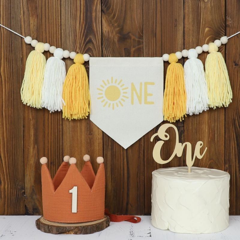 Handmade 1St Birthday High Chairs Banners Birthday Decoration for Baby Boys Girls with Garlands Crown Hat Photoshoots Props