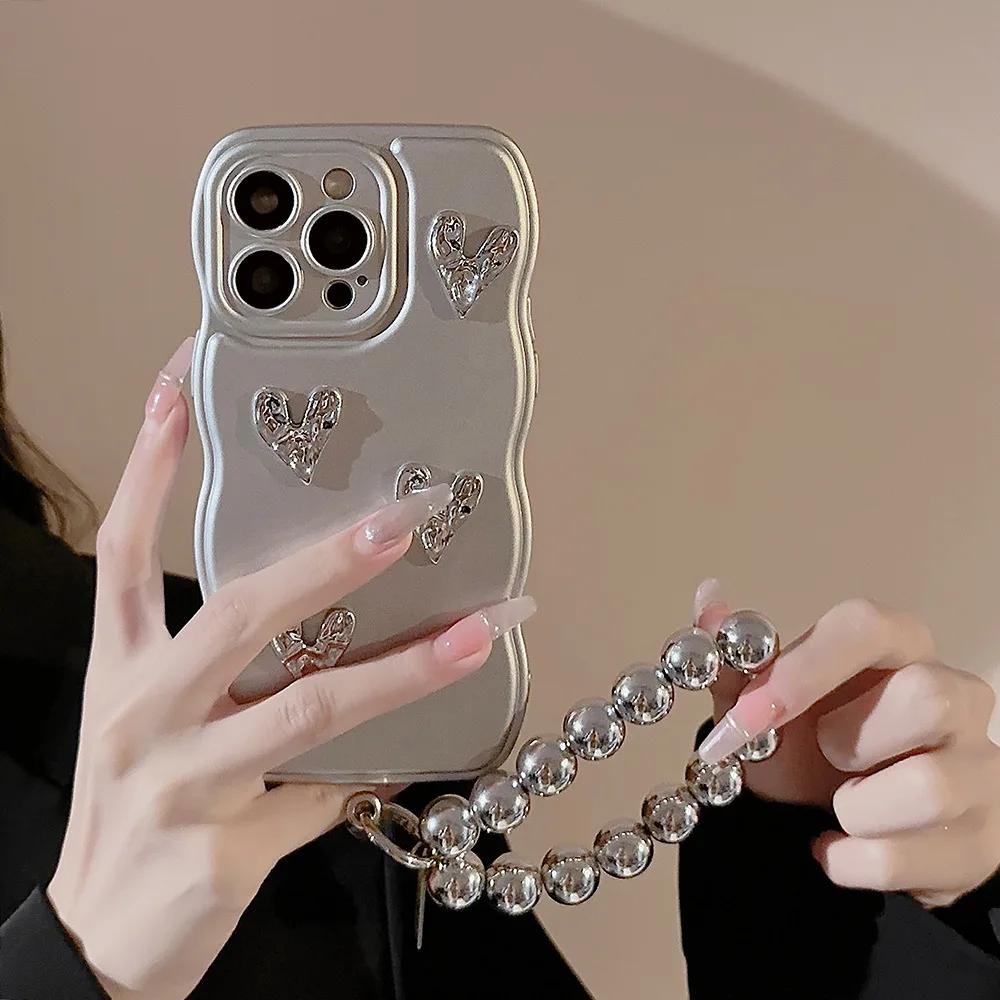3D Cute Bling Glitter Love Heart Electroplated Phone Case with Bead Bracelet for iPhone 15 14 Plus 13 12 11 Pro Max Soft Cover