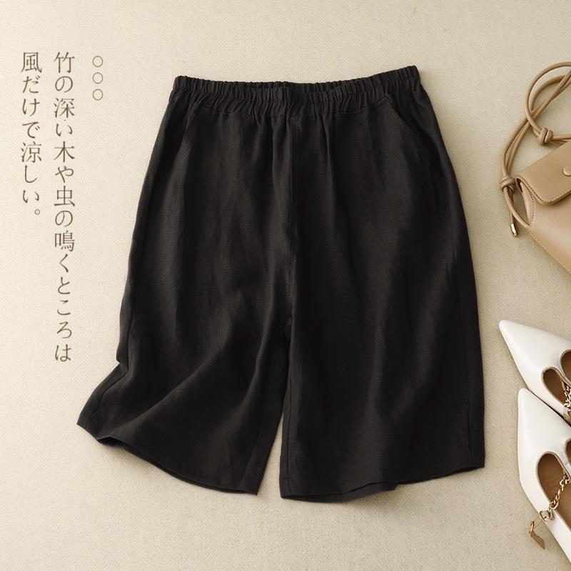 Solid color cotton and linen five-point wide-leg pants women's 2025 summer new literary and retro elastic waist temperament casual shorts