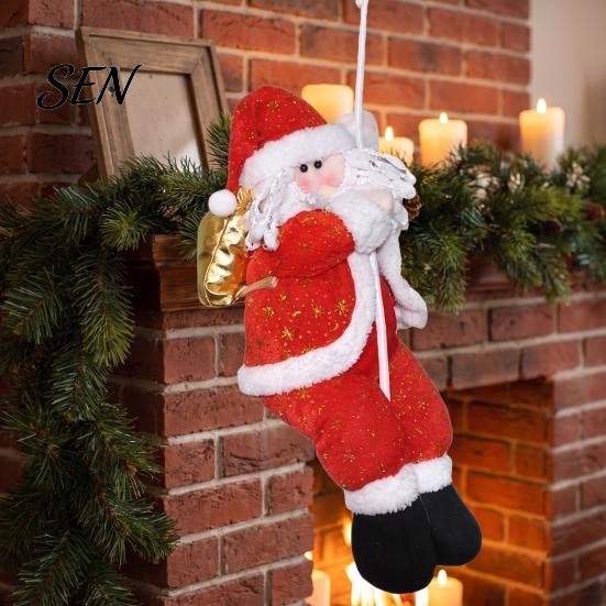 Father Christmas Fabric Pendant Santa Claus Climbing Decoration, Tree Hanging Ornament Holiday Party Accents with Rope for Party, Indoor Home