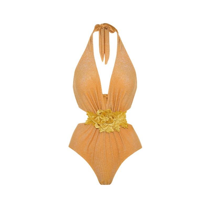 Jednokolorowy Błyszczący Kostium Kąpielowy Jednoczęściowy z Wycięciami i Długim Rękawem 2023 - Nowy Styl Europejski i Amerykański