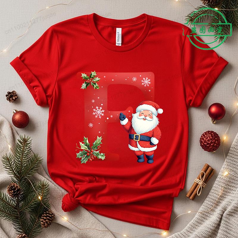 Christmas SantaAlphabet Letter Print T-shirt Short Sleeve Crew Neck Casual Top Kids Festive Holiday Women's Clothing Top