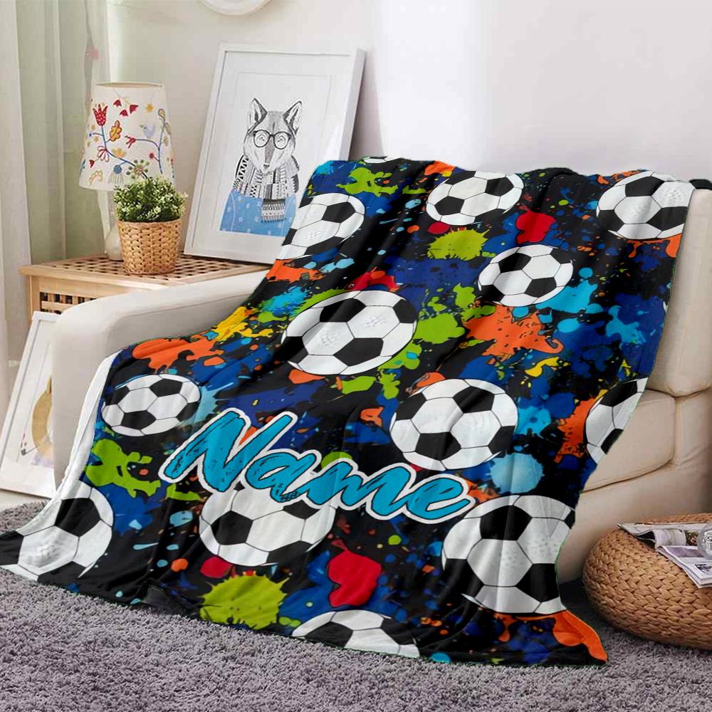Custom Name Soccer Theme Printed Blanket - Perfect for Couch, Bed, Travel & Outdoor Use | Machine Washable, Cozy & Durable.