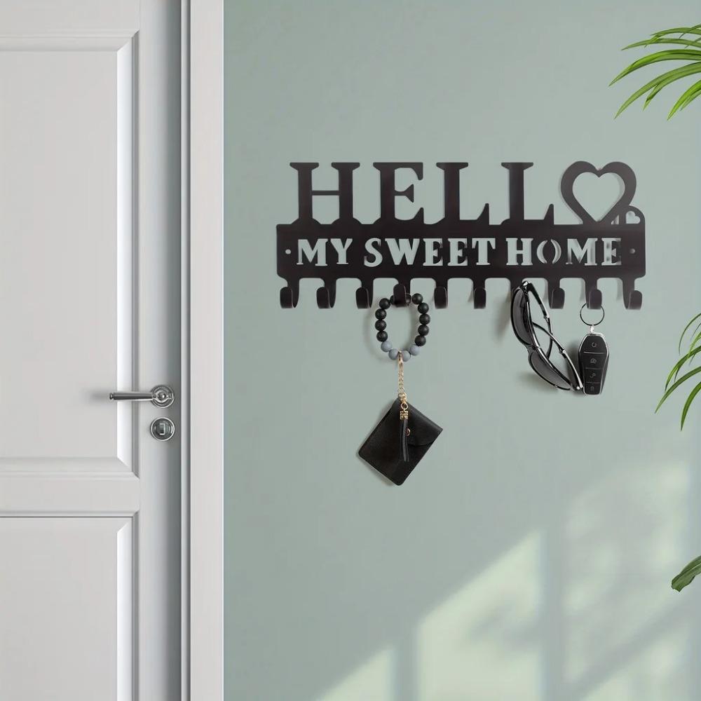 Настенный держатель для ключей - Черный металл с рядом крючков для декоративной стены — фото 5