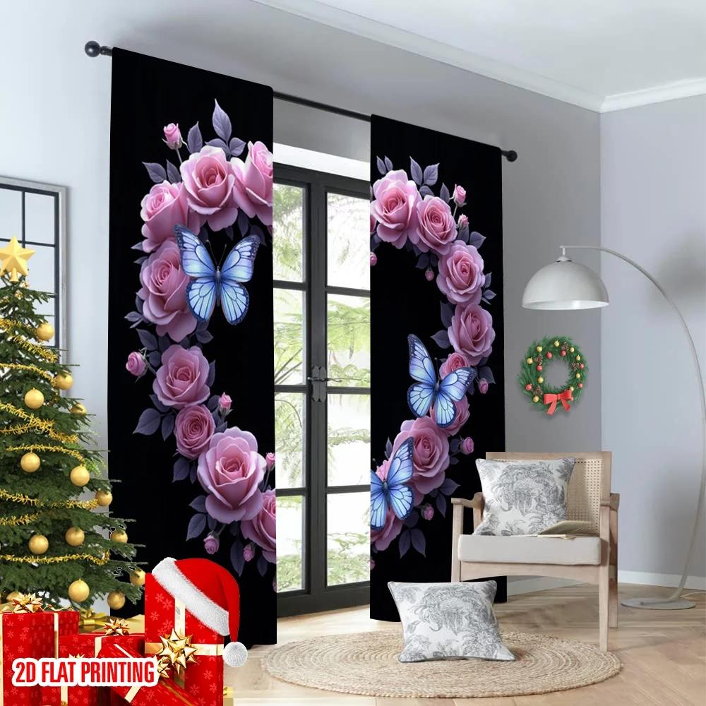 Set Of 2 Flat Printing Window Drapes Neon Heart Butterflies Roses Glow Digital Printed Polyester Birthday Party Curtain Made