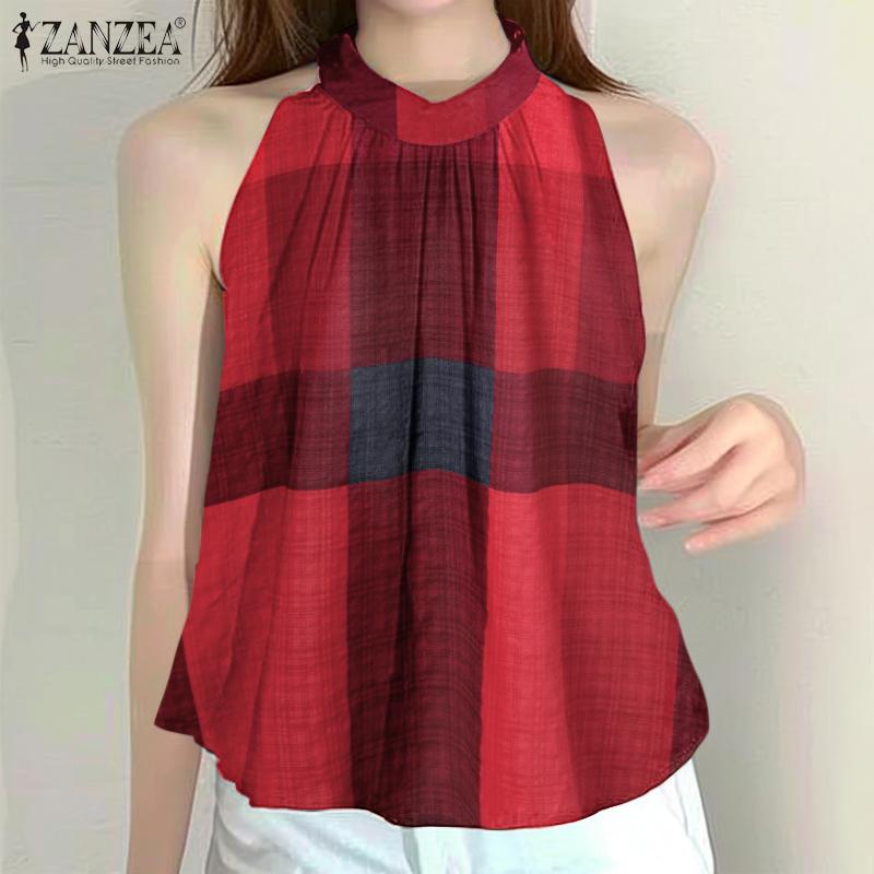 ZANZEA Damen Sommer Ärmellose Tanktops mit Karomuster