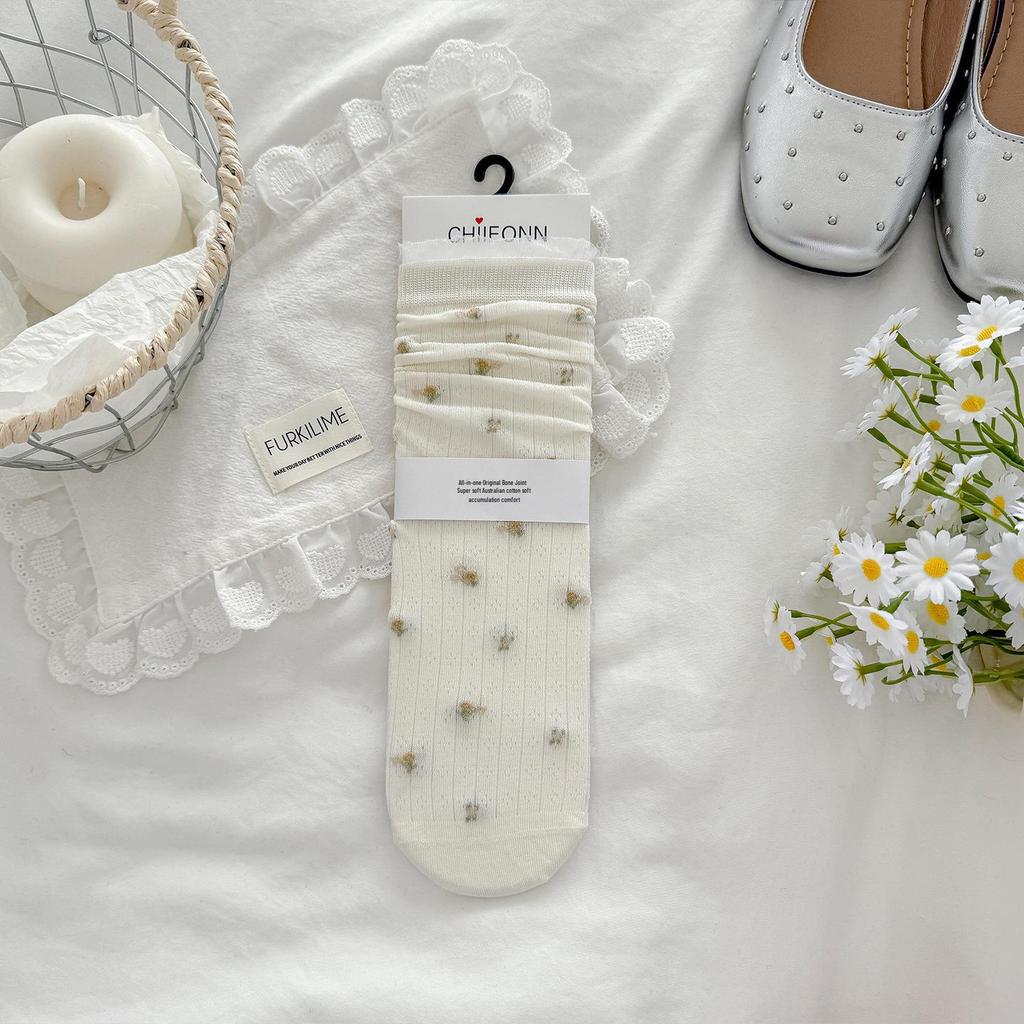 Women's Spring & Summer Korean-Style Floral Lace Trim Slouch Socks - Mid-Calf, Seamless, Thin