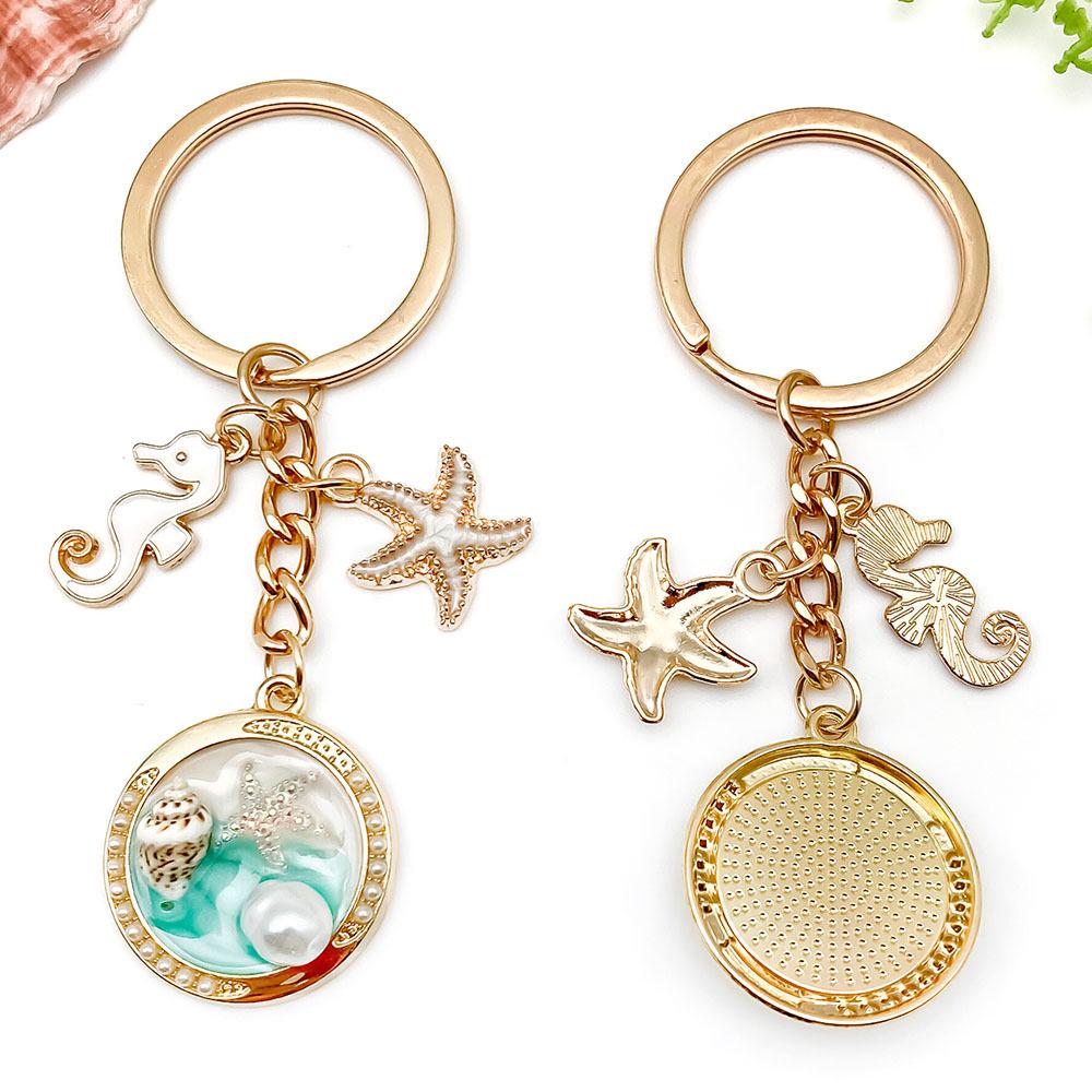 Ocean Drip Keychain: Green Starfish, Conch, Faux Pearl, Round Tag, Alloy Pendant