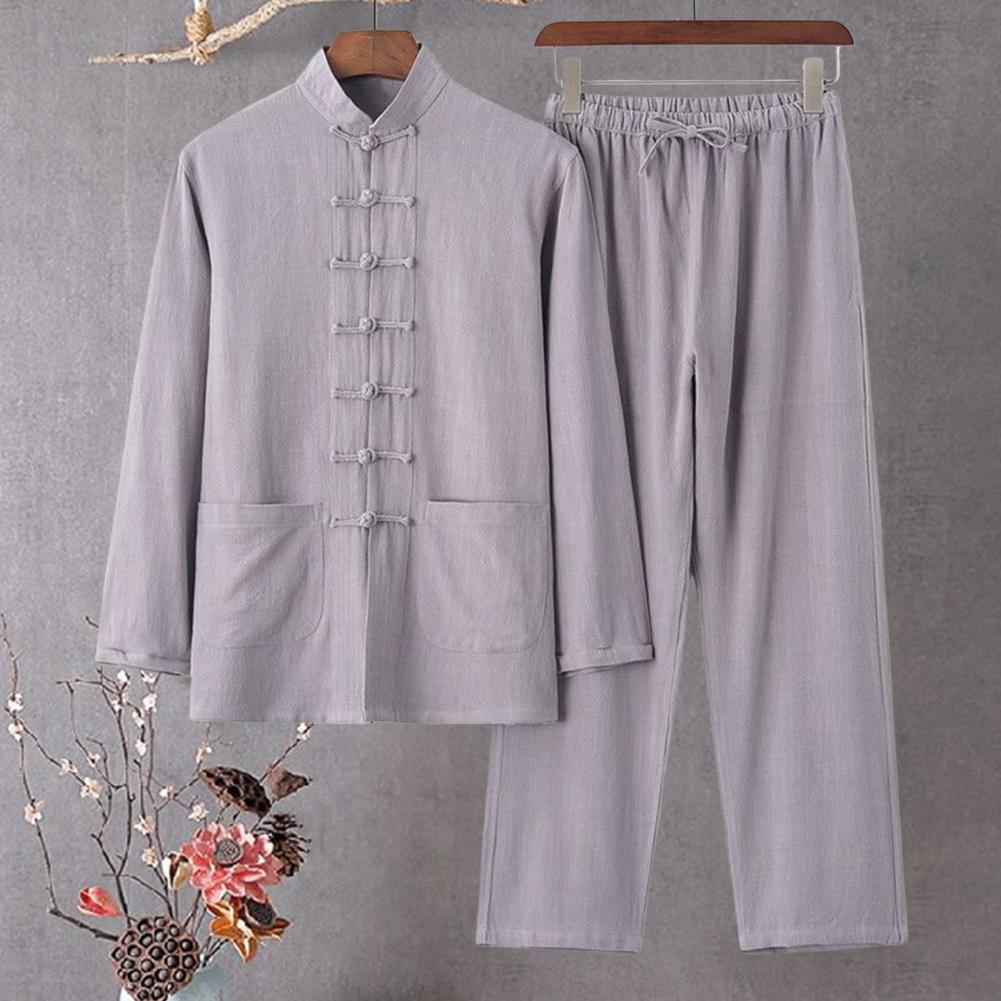 Casual Wear Men Shirt Bottoms Set Chinese Style Men's Casual Wear Two-piece Set with Stand Collar Shirt Disc Buckles Dr Practical Use