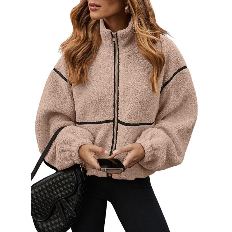 Women Zip‑Up Cropped Teddy Fleece Jacket