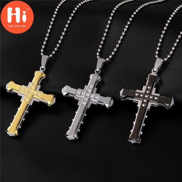 Hi 4 Colors Crystal Cross Pendant Silver Gold Black Stainless Steel Zirconia Jesus Cross Pendant Necklace Jewelry