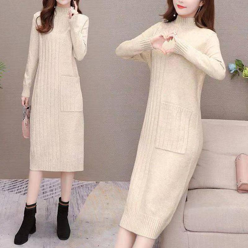 

Свитер с полувысоким воротником Женское однотонное свободное вязаное платье Осень и Зима Длинное повседневное платье-свитер 2XL бежевый