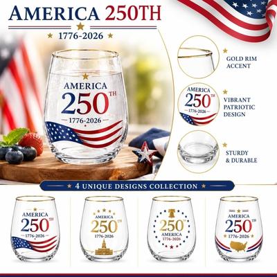 420ml Commemorative Stemless Glass Cup 250th Anniversary America 1776-2026 Printed Patriotic Design Durable Clear Glassware