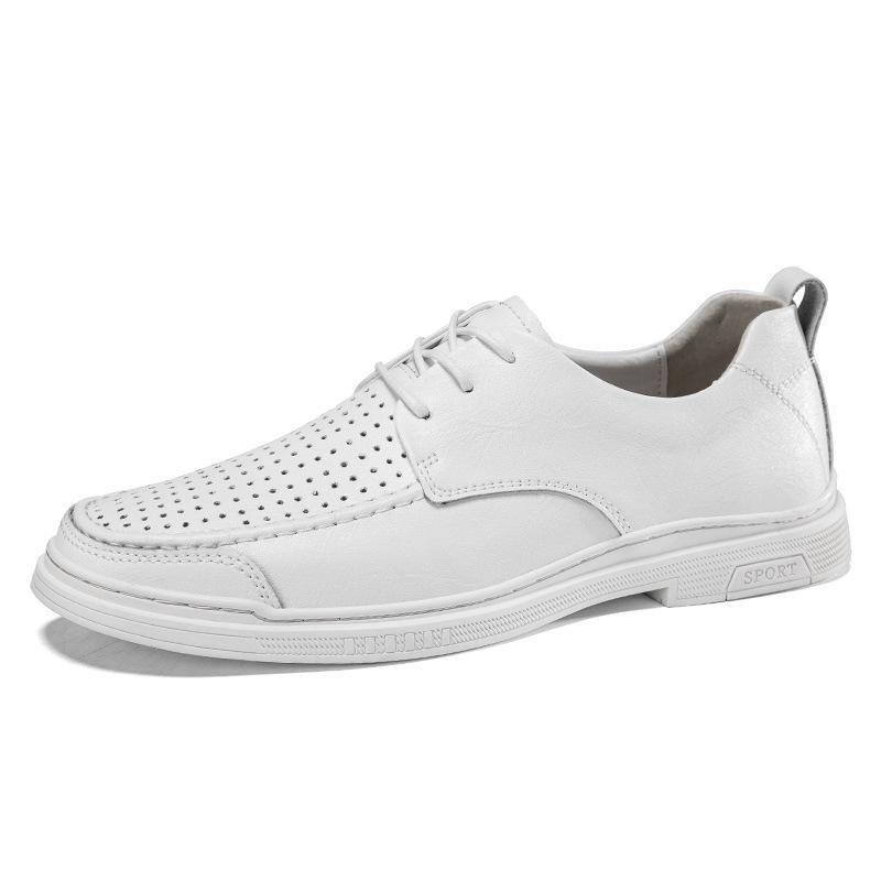 22 Men'S Shoes Casual Leather Shoes Spring And Summer Low-Top Lace-Up Cowhide Surface Hollow Ventilation Hole Casual Shoes Single Shoes