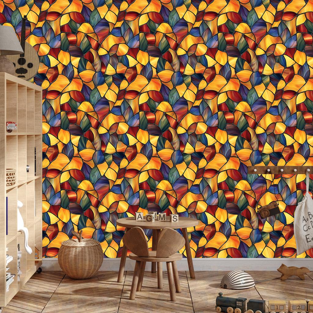 Stained Glass Wallpaper Gold, Orange and Red 50x1000