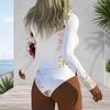 Women Plus Size High Neck Long Sleeve Zipper Floral Print White One Piece Swimsuit