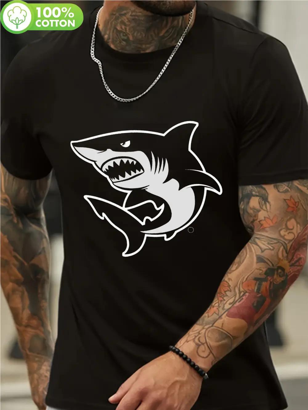 Casual Cotton T-shirt with Bold Shark Graphic Print - Stretchy Knit Fabric XL