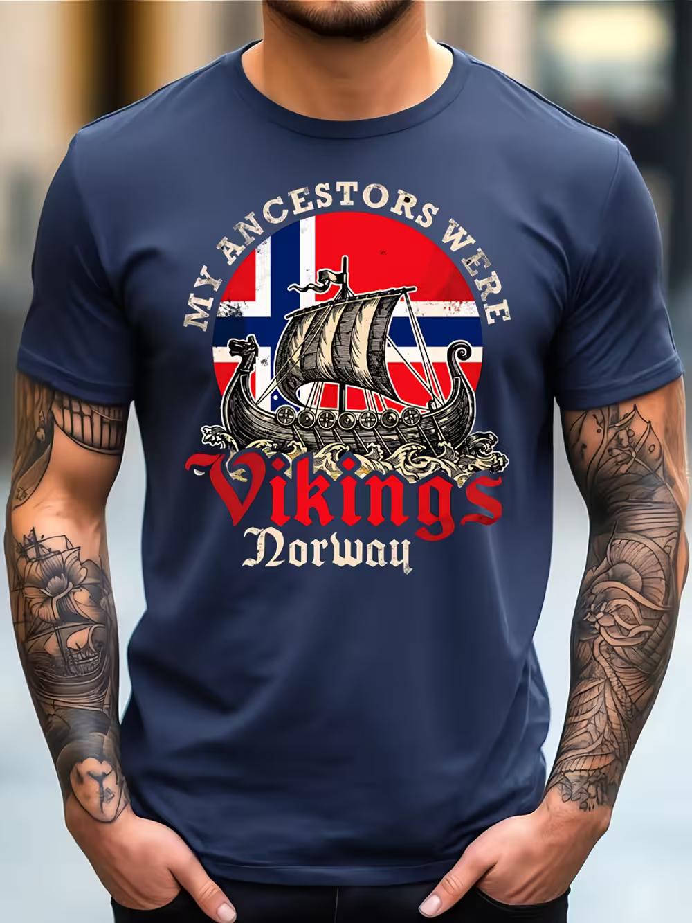 Men s Viking Norway T-Shirt - Norwegian Flag & Viking Ship Print XXL