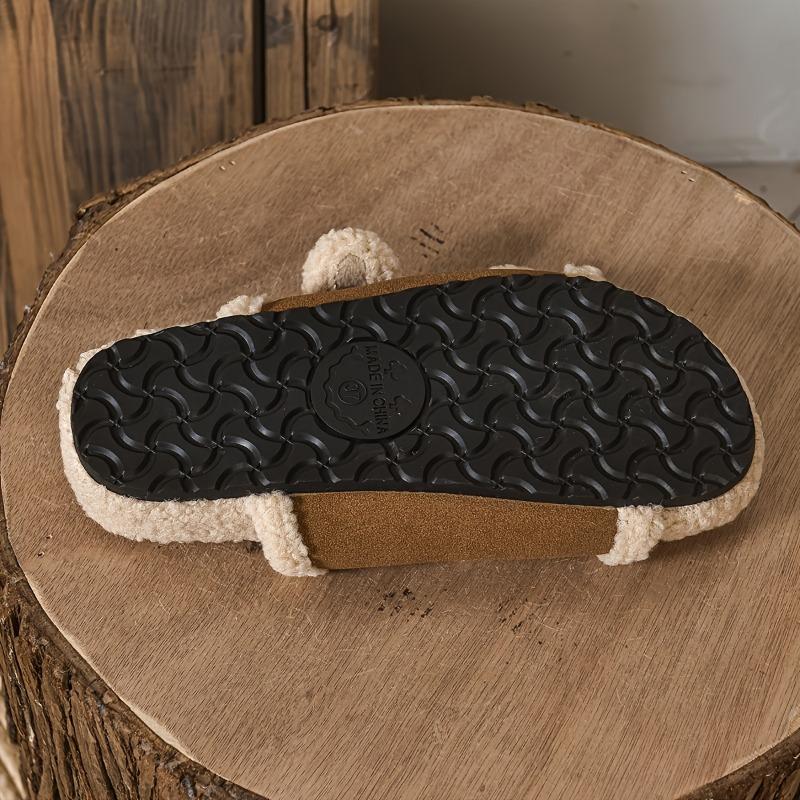 Women'S Cozy Fleece Slide Sandals - Brown & Beige Braided Design, Open-Toe Flat Slippers for Indoor/Outdoor Use, Casual Comfort