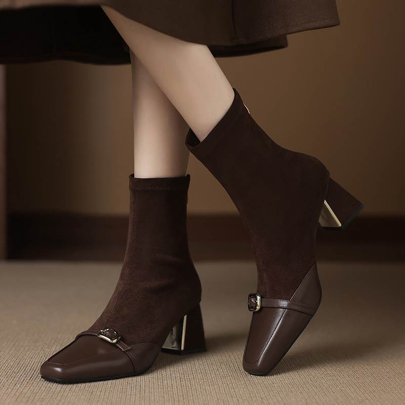 Krazing Pot Flock Cow Skin Square Toe Thick Heels Chelsea Boots Size 42 Beauty Lady Women Metal Buckle Ankle Boots