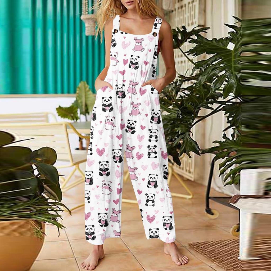 Damen Herzförmiger Print Lässige Lockere Retro Overalls Baumwolle und Leinen Einteiler Hose