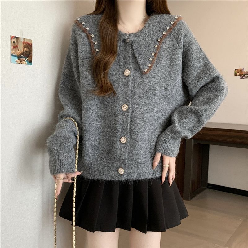 Women's Korean Style Casual Doll Collar Sweater Jacket Loose Beaded Sweater Cardigan Top