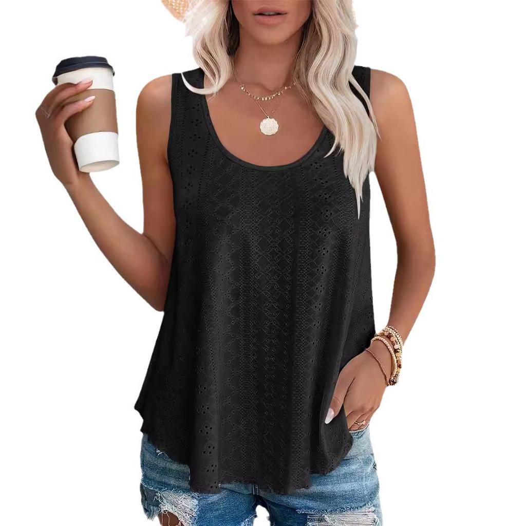 European & American Women's Summer Crew Neck Eyelet Sleeveless Tank Top T-Shirt