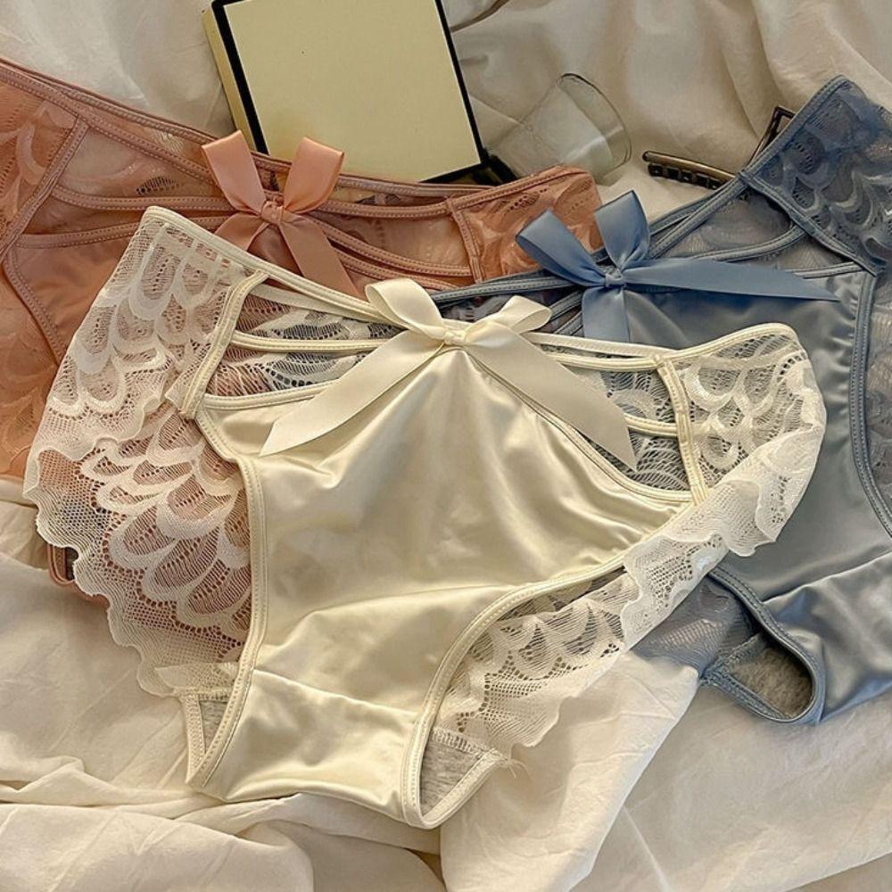 Bowknot Satin Panties Sweet Low Waist Underpants Soft Lace Mesh Briefs  Female