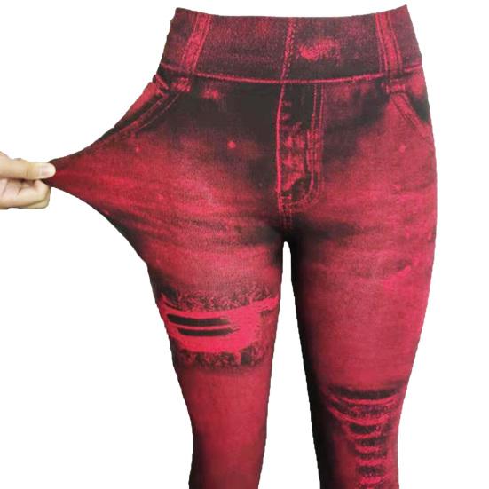 Multi Pockets Skinny Imitation Jeans Leggings Hip Lifting Ripped Holes Print Mid Waist Elastic Pants for Sports